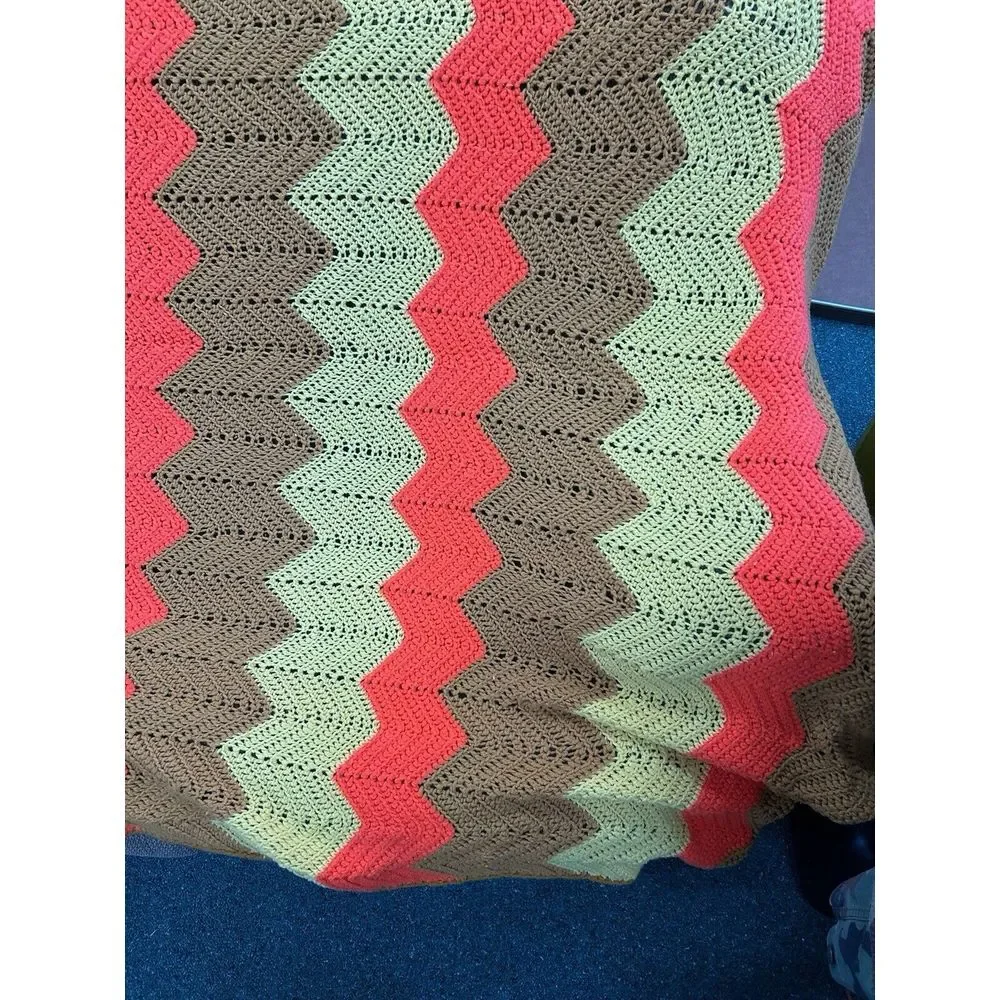 Vintage‎ Handmade Crochet Afghan Throw Orange Brown 70s 95X60